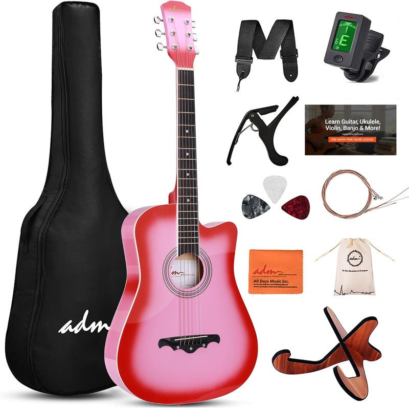 ADM 38" Inch Acoustic Guitar Bundle for Beginners Adults with Online Lesson, Cutaway Wood Acustica Guitarra Starter Set Package with Gig Bag, Strap, Steel Strings, Picks, Capos, Stand, Pink - Image 1